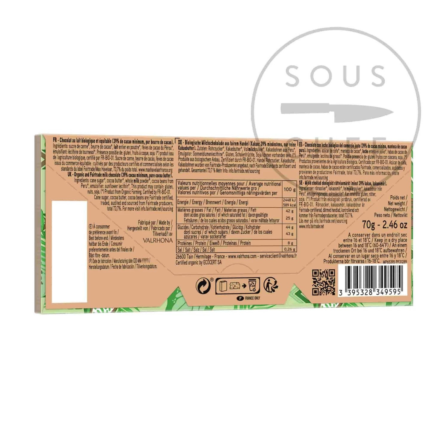 Valrhona Milk Andoa Lactee 39% Milk Chocolate Bar 70g 4 Valrhona Milk Andoa Lactee 39% Milk Chocolate Bar 70g