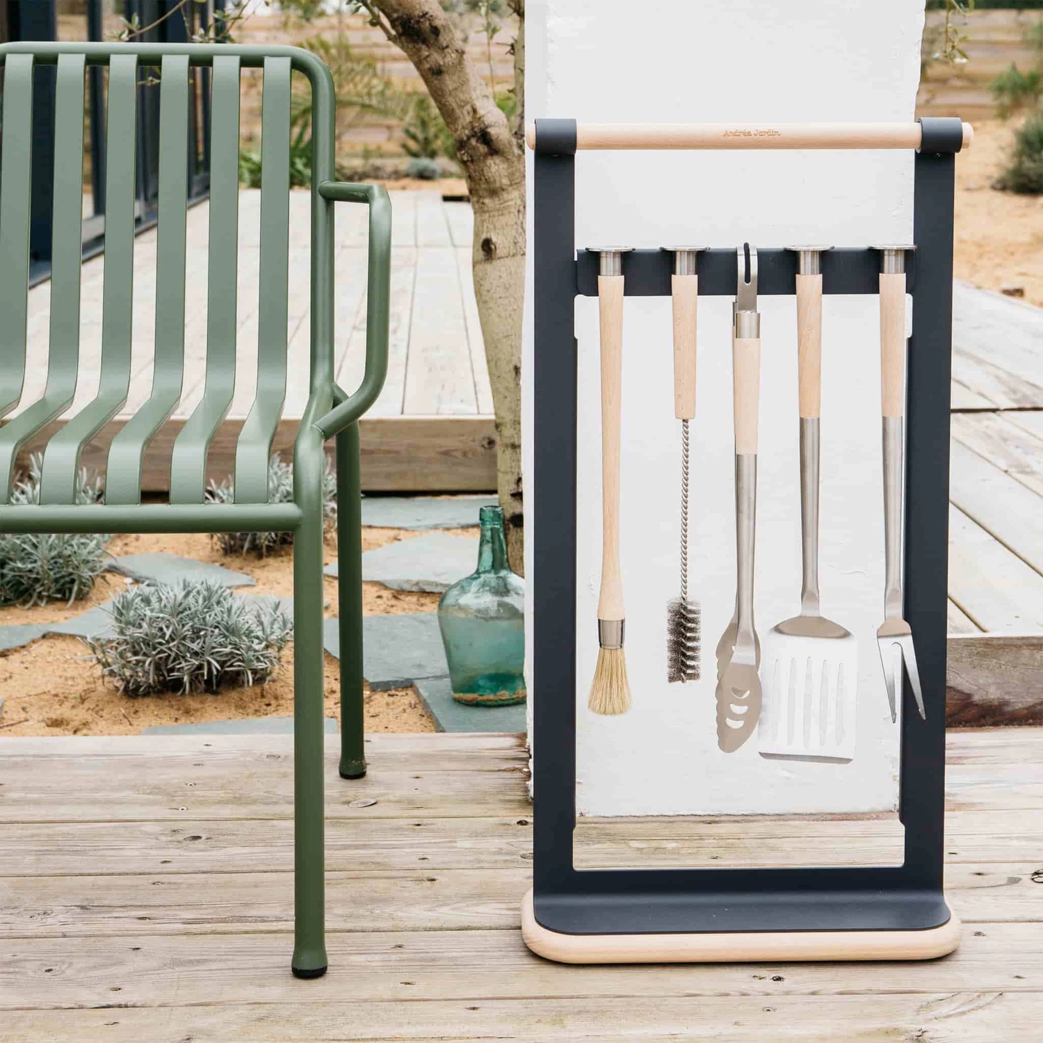 Andree Jardin Beech Wood BBQ Utensils + Magnetic Rack Set 4 Andree Jardin Beech Wood BBQ Utensils + Magnetic Rack Set