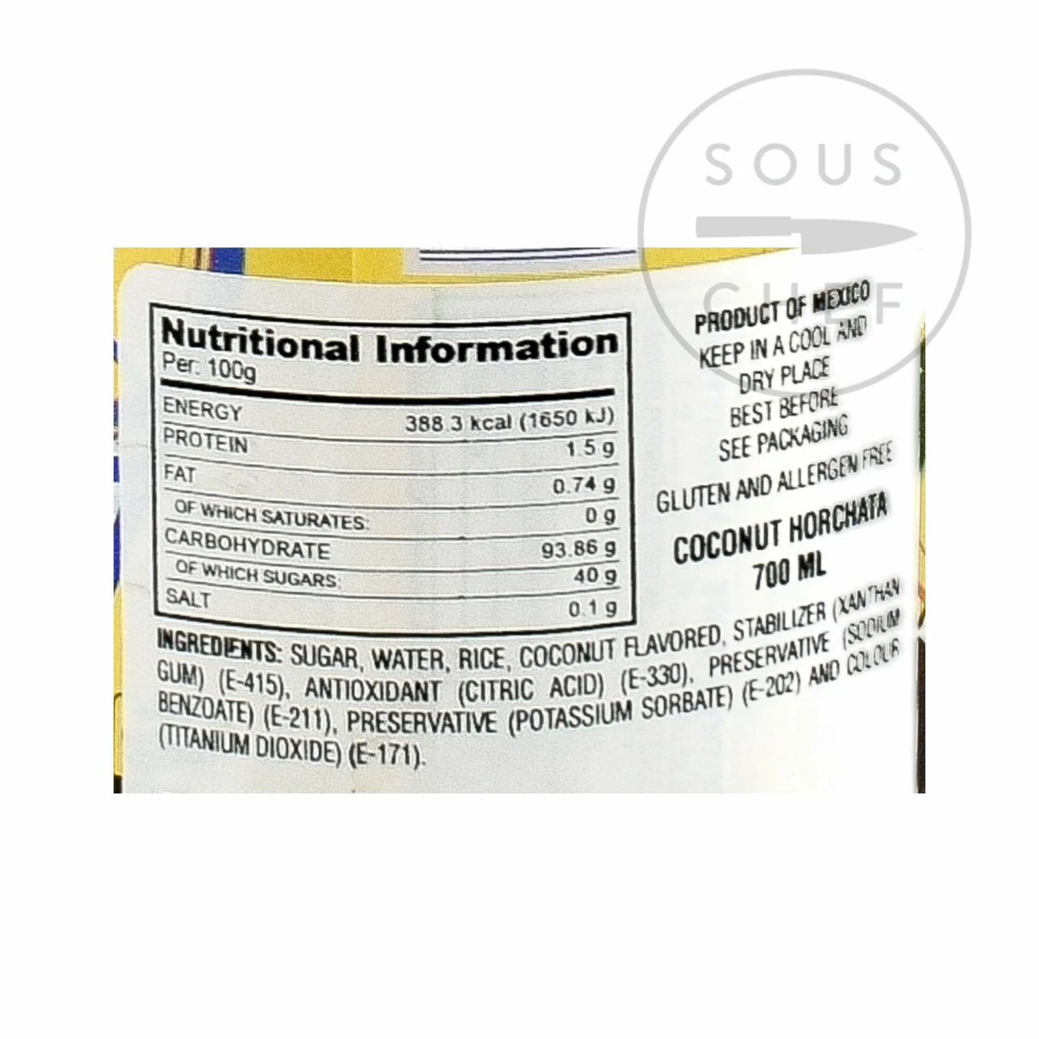 Ingredients El Yucateco Coconut Flavour Horchata 700ml 4 Ingredients El Yucateco Coconut Flavour Horchata 700ml