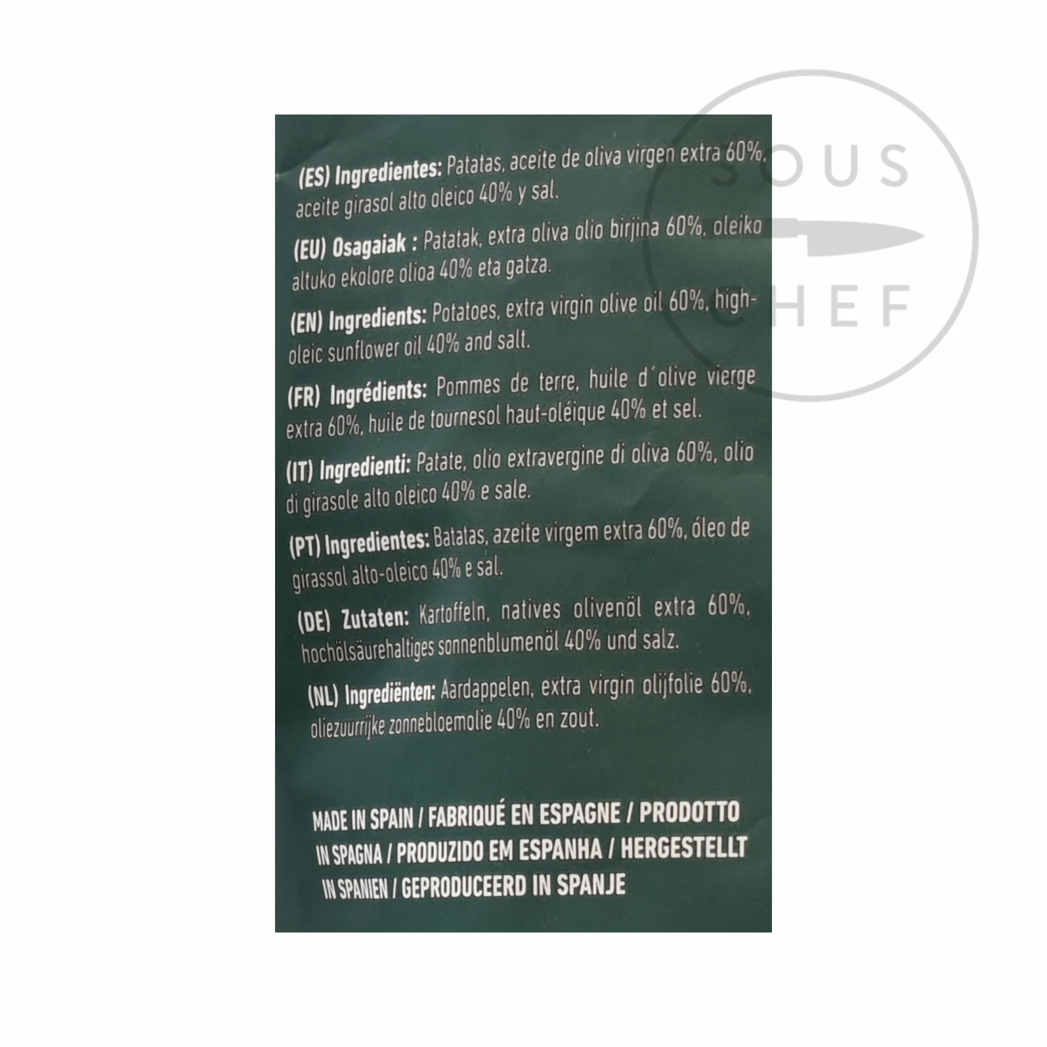 Ingredients Sarriegui Patatas Fritas - Extra Virgin Olive Oil Crisps 150g 6 Ingredients Sarriegui Patatas Fritas - Extra Virgin Olive Oil Crisps 150g