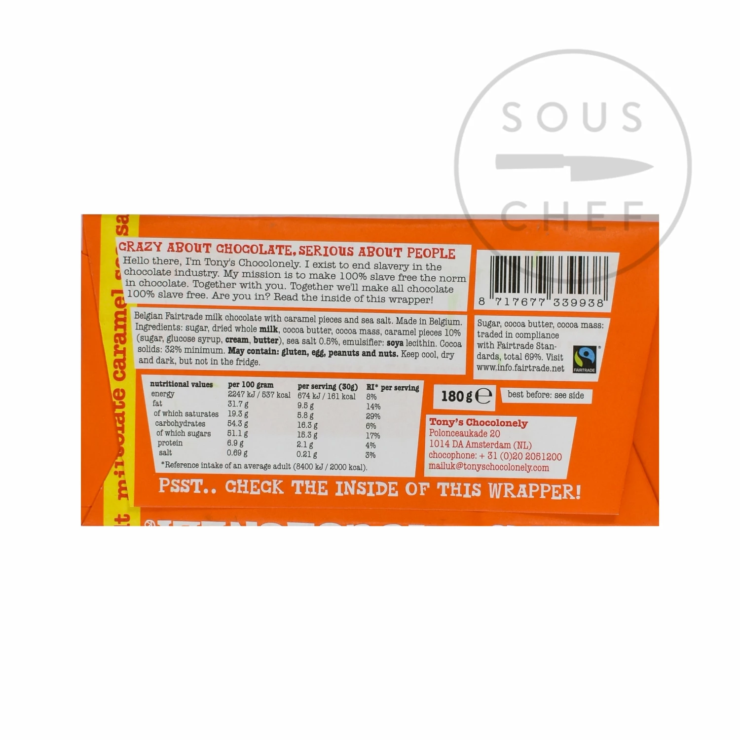 Tony's Chocolonely Milk Chocolate Caramel & Sea Salt 180g Ingredients 4 Tony's Chocolonely Milk Chocolate Caramel & Sea Salt 180g Ingredients