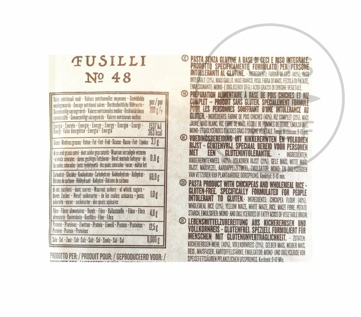 Ingredients Rummo Gluten Free Chickpea Fusilli 300g 4 Ingredients Rummo Gluten Free Chickpea Fusilli 300g