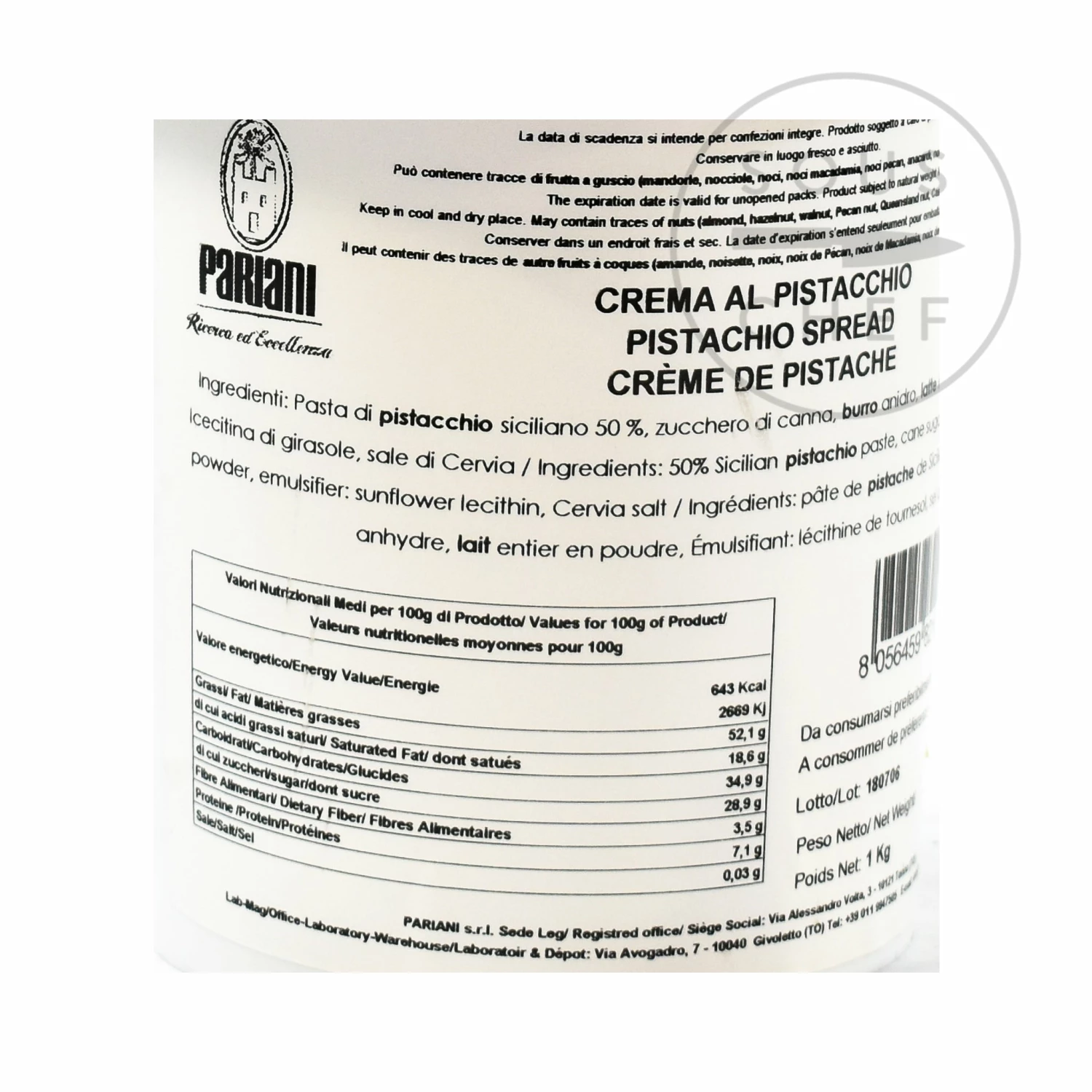 Pariani Sweet Sicilian Pistachio Cream 1kg Ingredients 6 Pariani Sweet Sicilian Pistachio Cream 1kg Ingredients