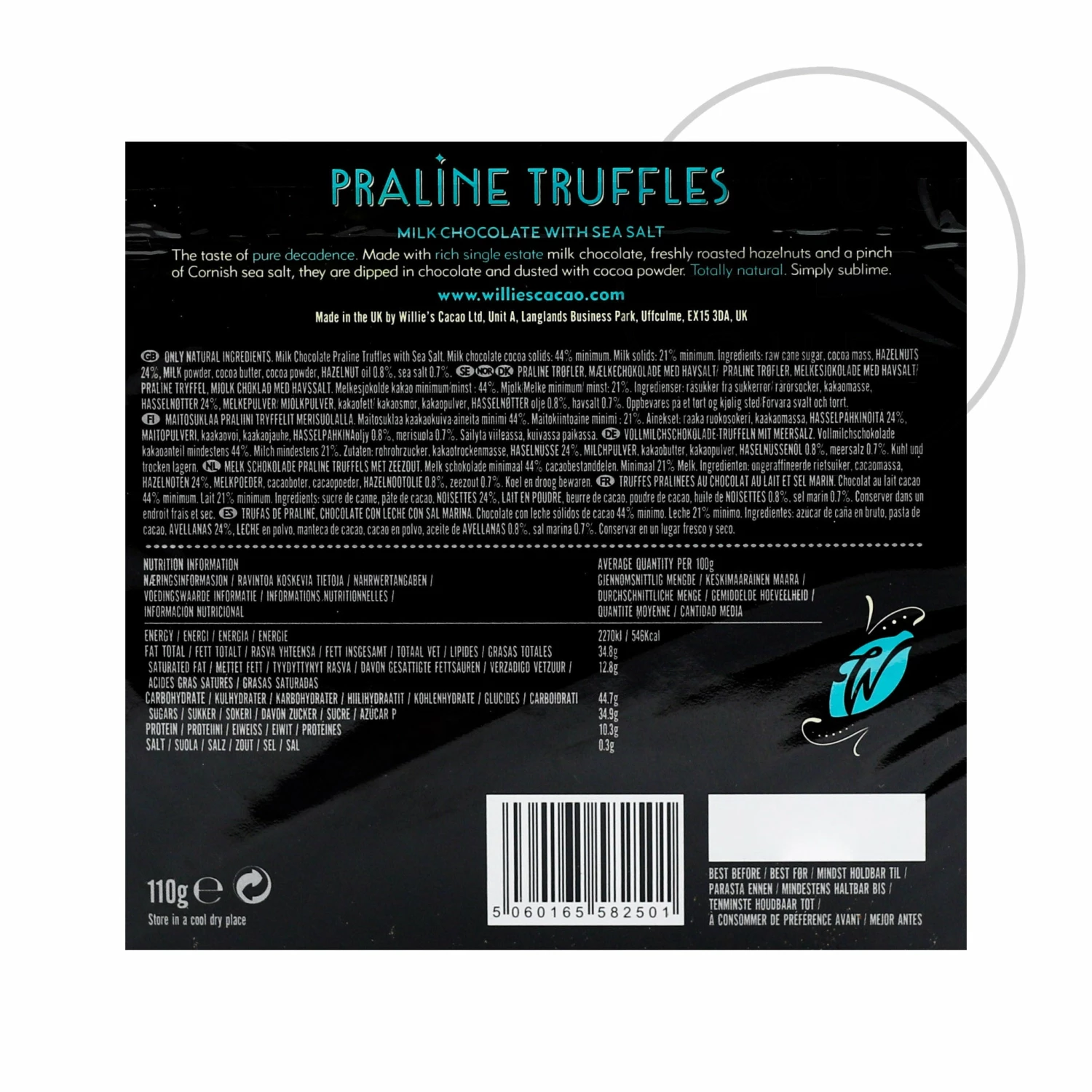 Willie's Cacao Milk Chocolate Praline Truffles With Sea Salt 110g Ingredients 4 Willie's Cacao Milk Chocolate Praline Truffles With Sea Salt 110g Ingredients