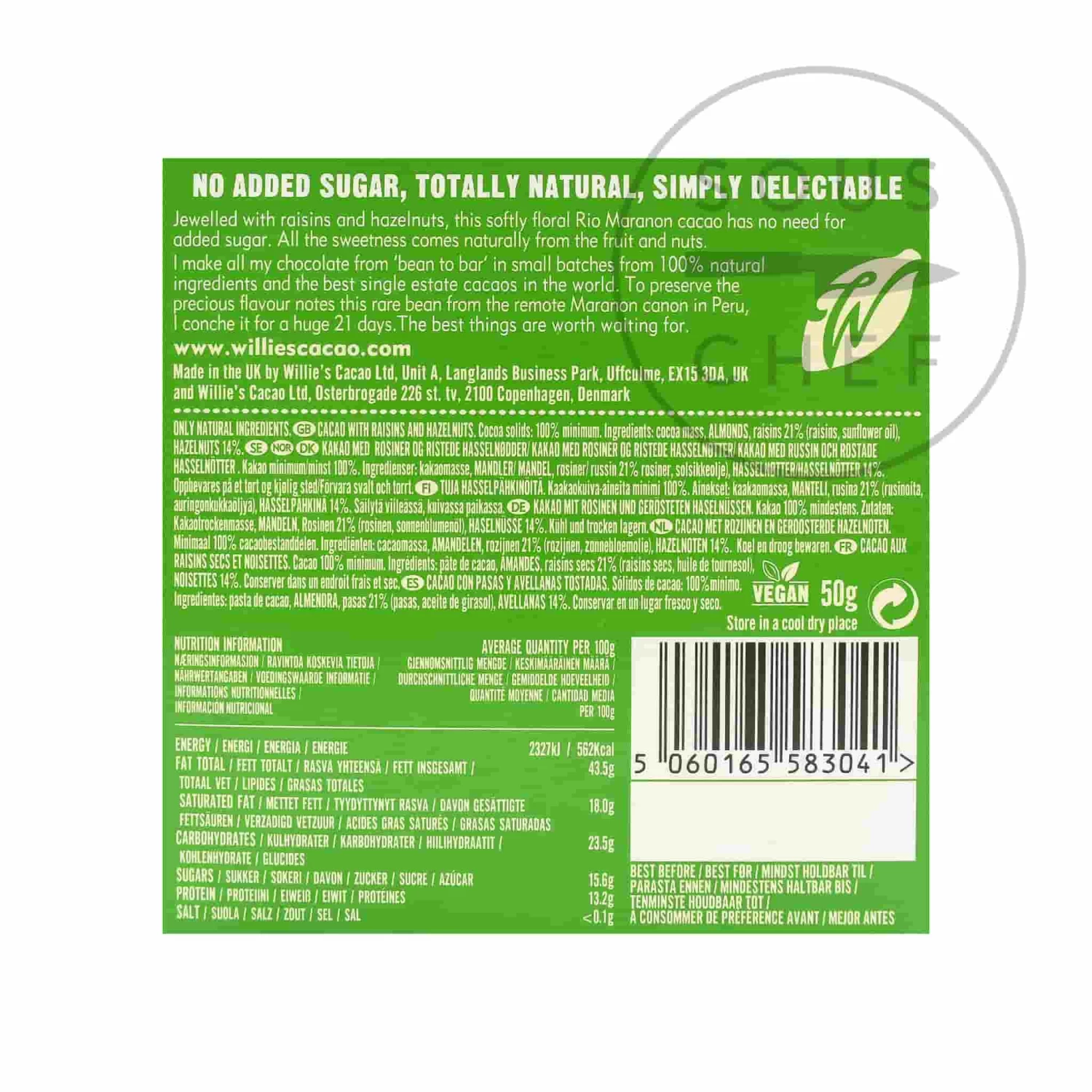 Ingredients Willie's Cacao Raisin & Hazelnut 100% Dark Chocolate 50g 4 Ingredients Willie's Cacao Raisin & Hazelnut 100% Dark Chocolate 50g
