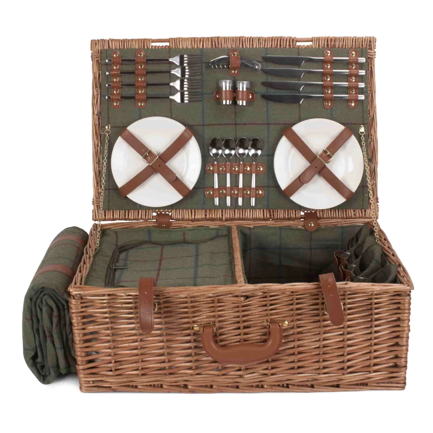 Willow Direct Tweed Picnic Hamper For 4 Green 4 Willow Direct Tweed Picnic Hamper For 4 Green