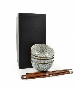 Kiji Stoneware & Ceramics Blue & White Flower Rice Bowl Set With Chopsticks