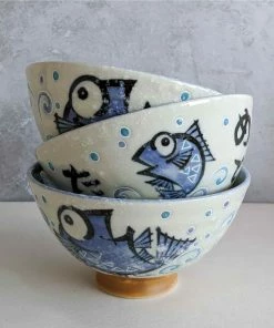 Kiji Stoneware & Ceramics Rice Bowl With Blue Fish 11 Kiji Stoneware & Ceramics Rice Bowl With Blue Fish